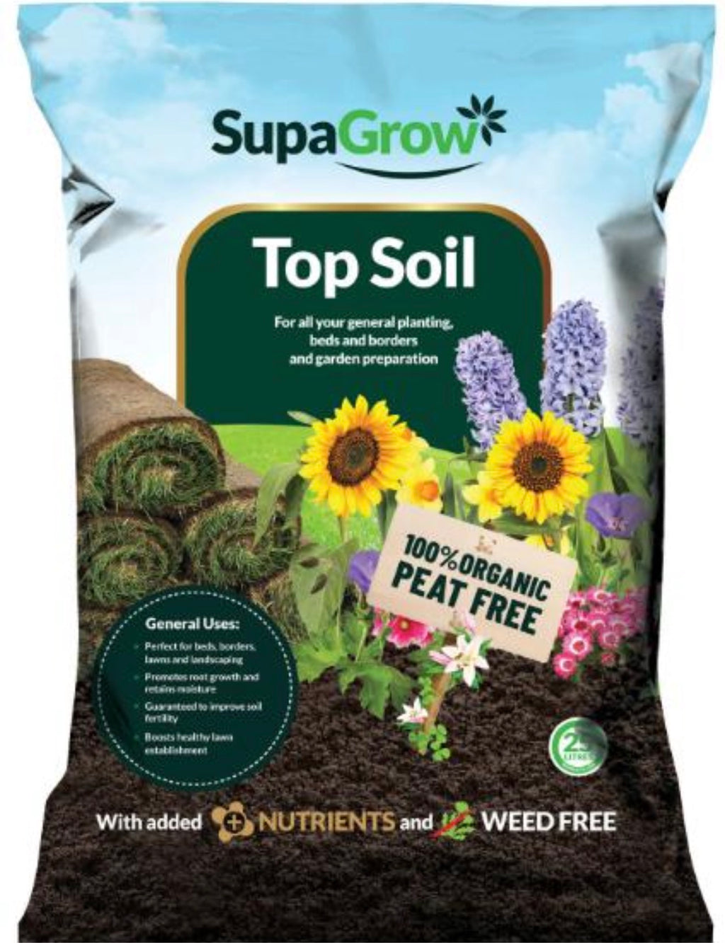 SupaGrow Premium Peat Free Top Soil 15kg – Weed Free with Added Nutrients for Gardens, Beds & Lawns