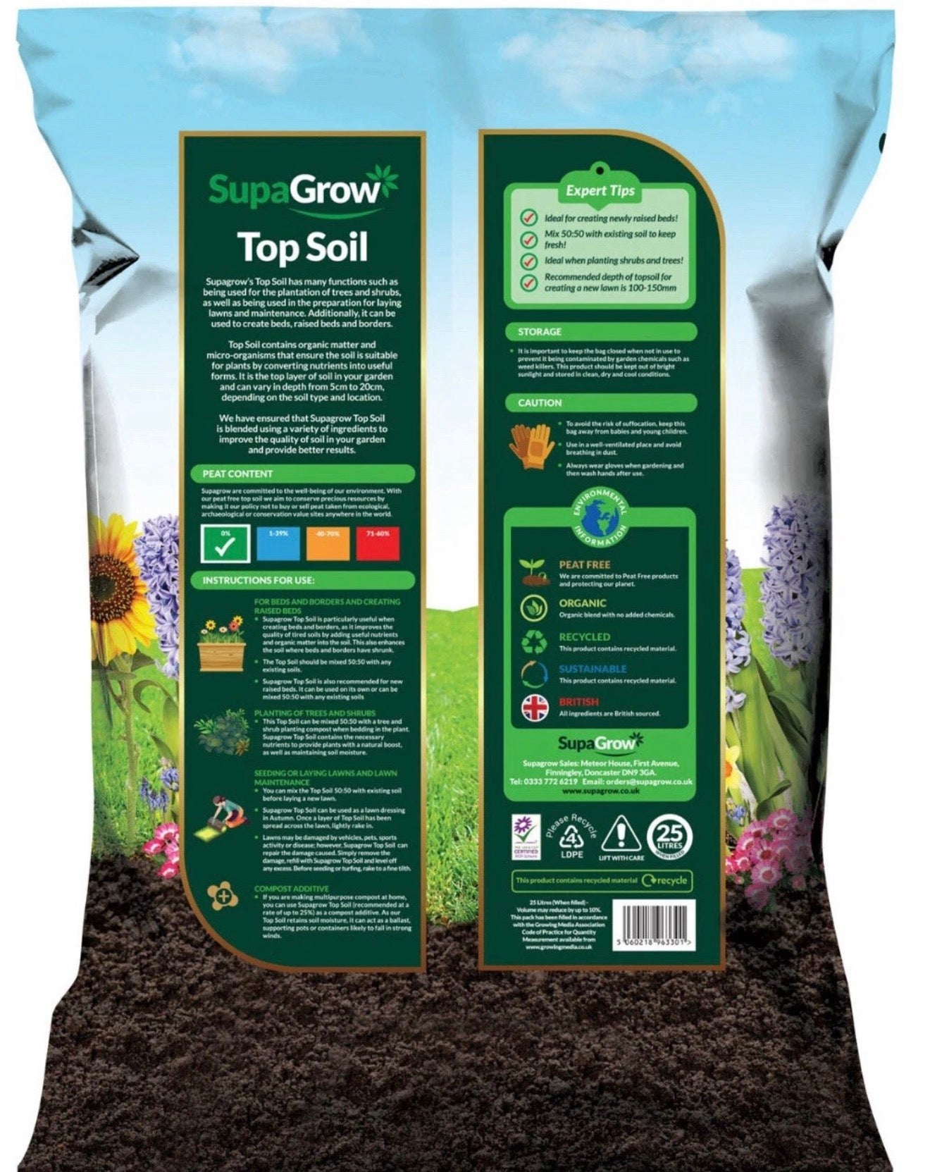 SupaGrow Premium Peat Free Top Soil 15kg – Weed Free with Added Nutrients for Gardens, Beds & Lawns